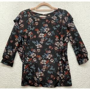 Free People Shirt Womens Extra Small Black Floral Dock Street 3/4 Sleeve Ruffle